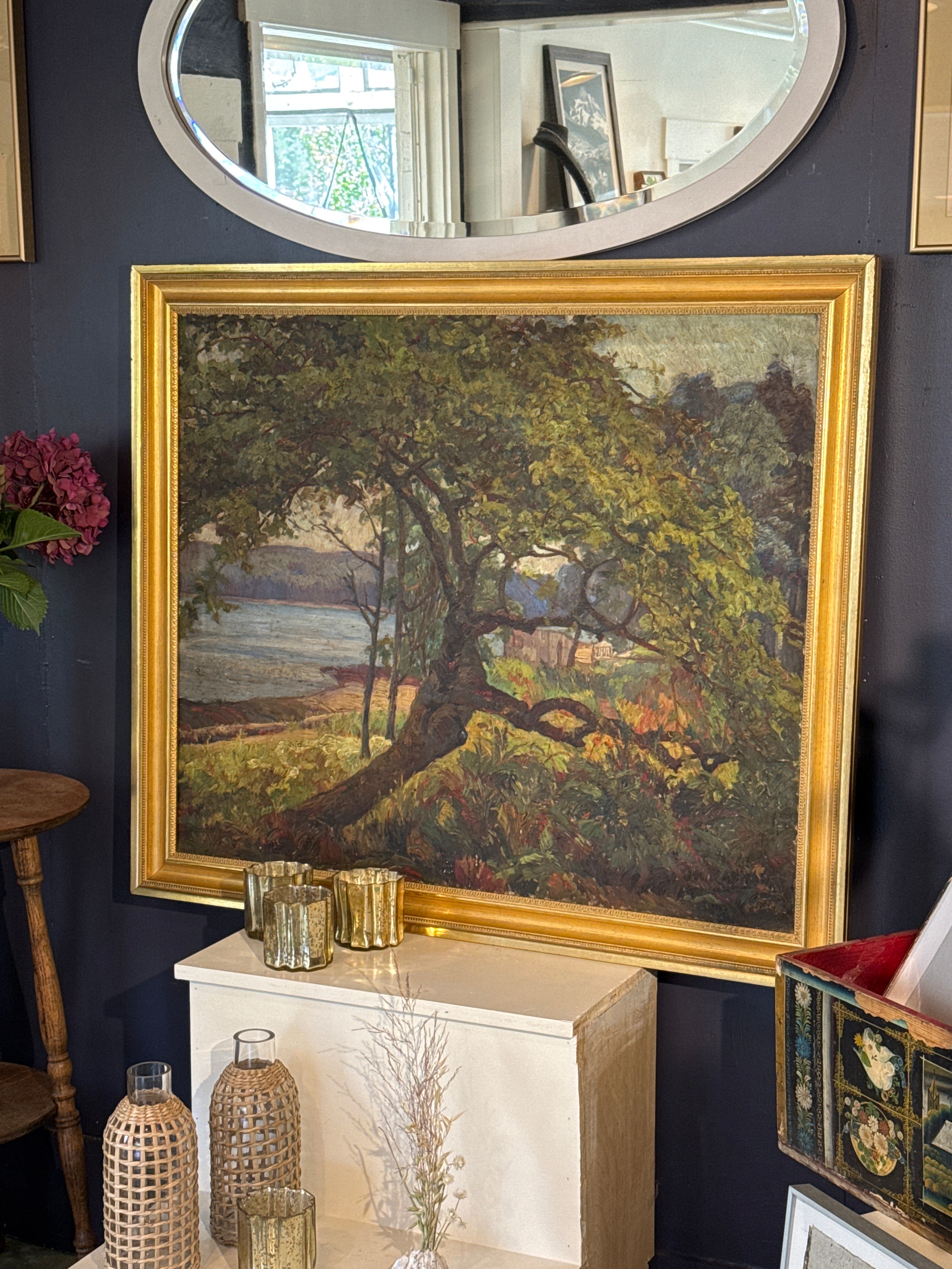 Large landscape painting with tree & bay