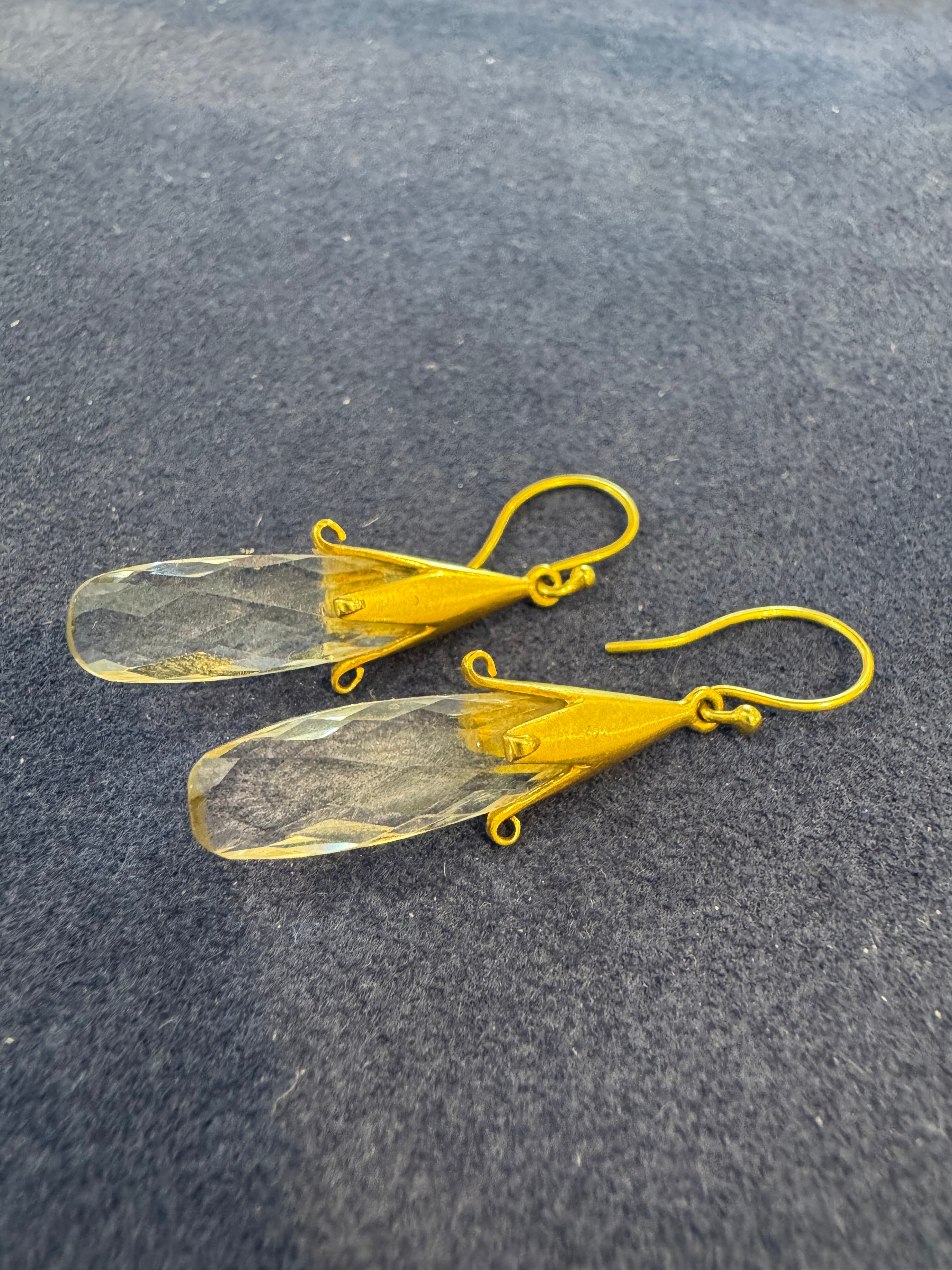 Hand cut quartz crystal drop earrings Victorian 18k gold 46283