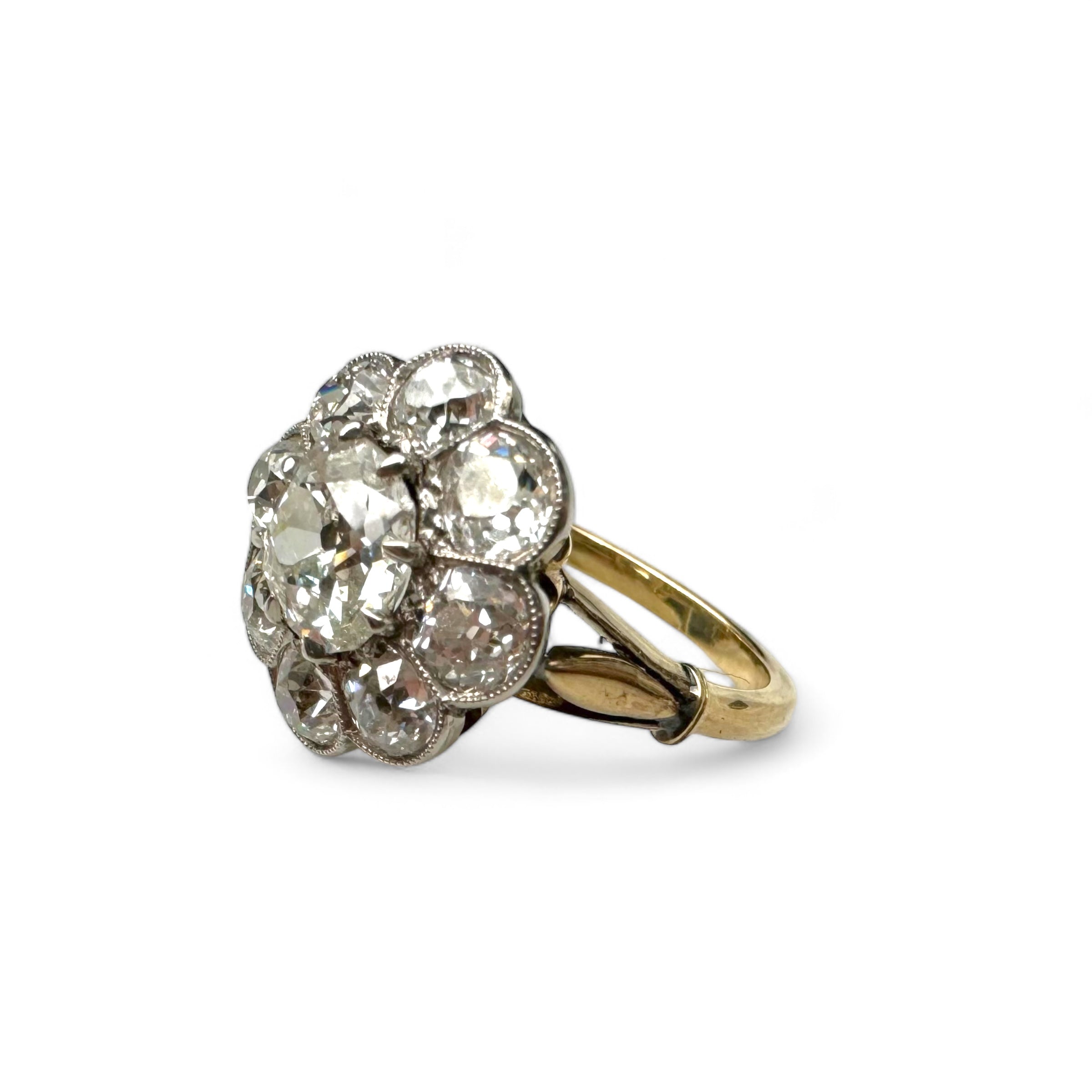 Mine Cut Diamond Floral Cluster Ring 3.70 ctw