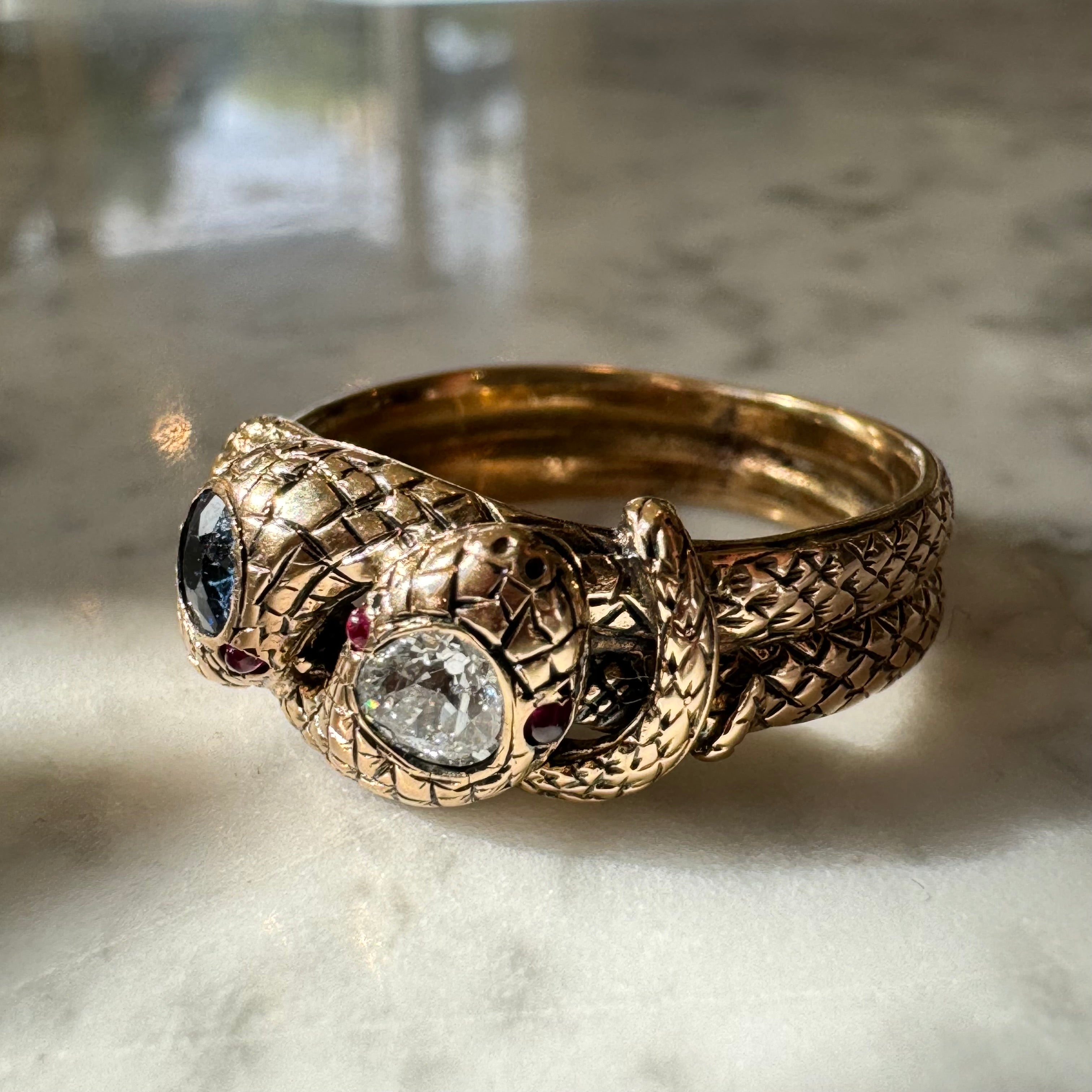 Double Coiled Diamond and Sapphire Snake Ring