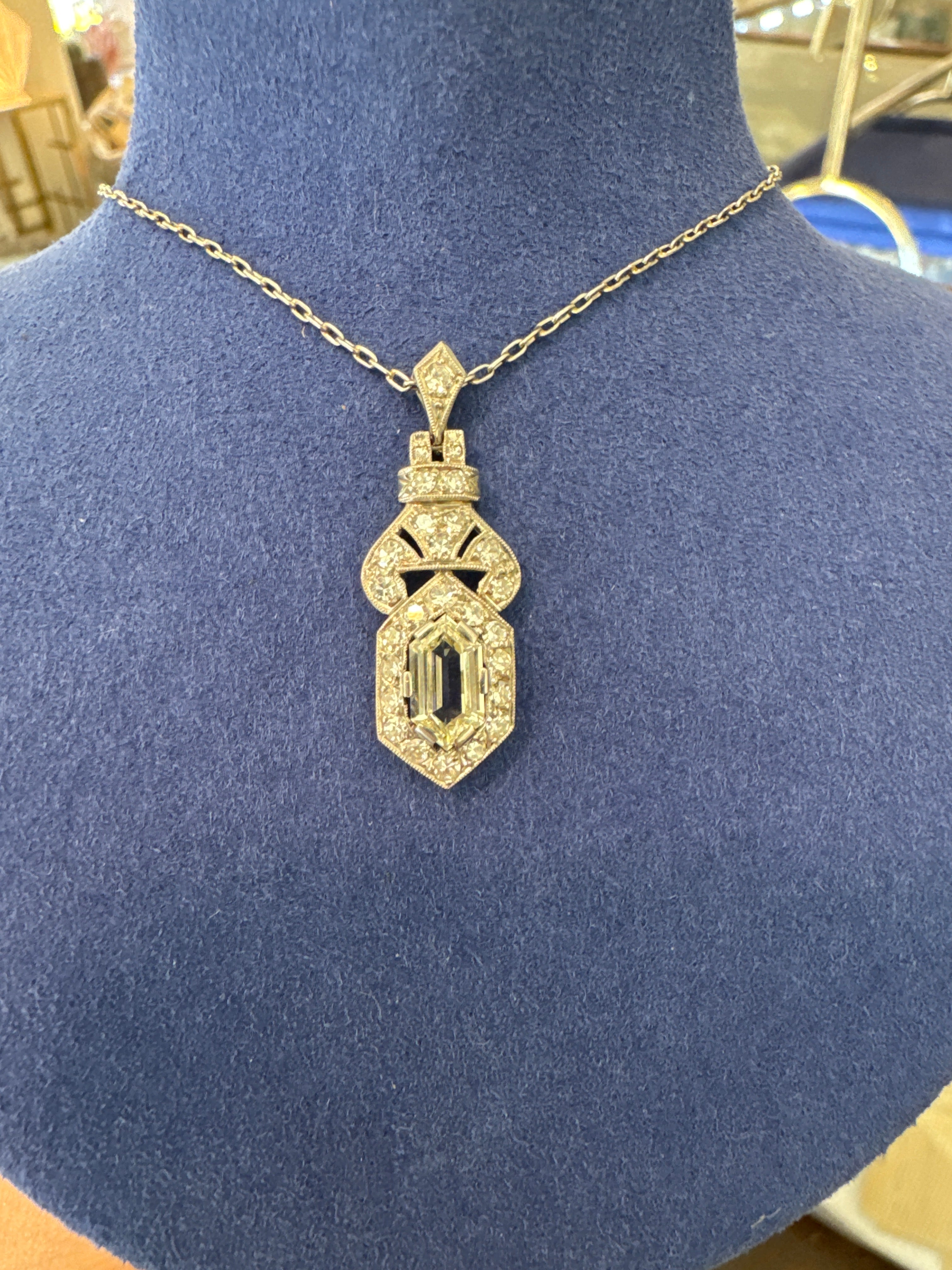 French Art Deco diamond pendant necklace lozenge step cut