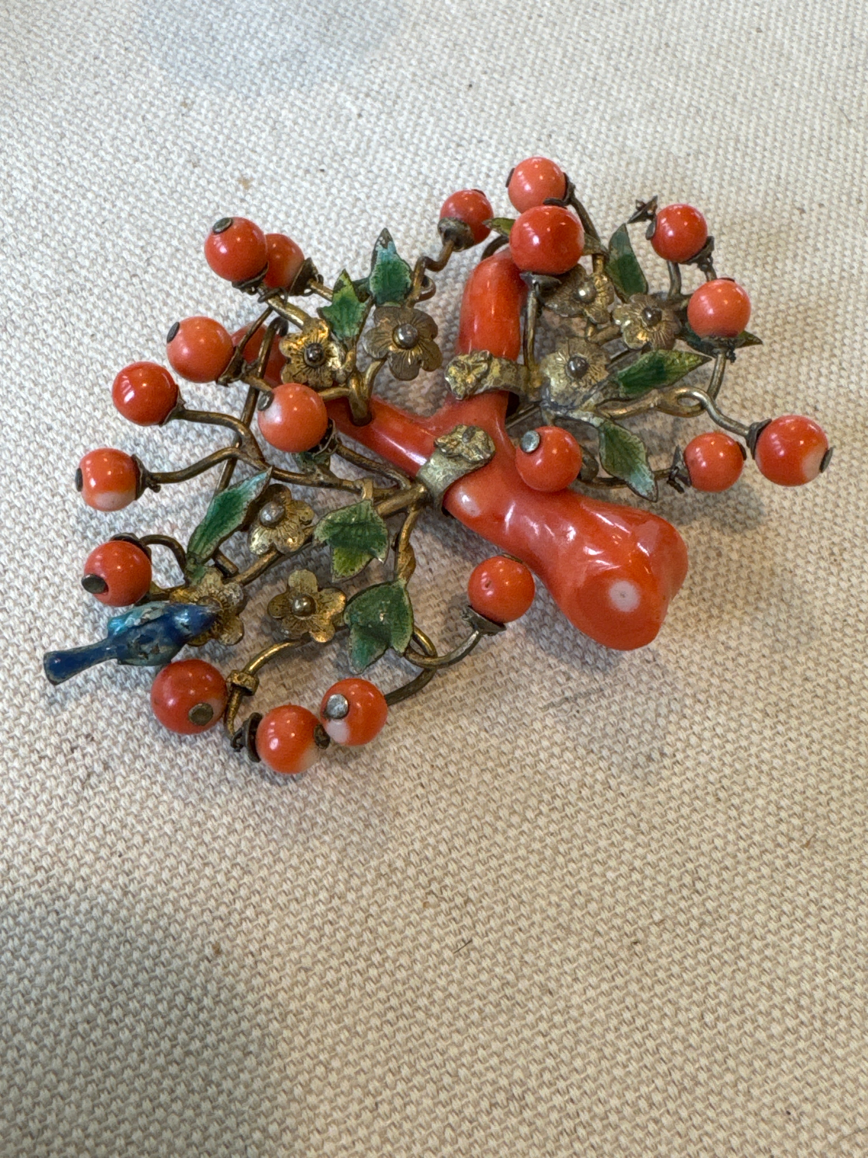 Italian Coral Brooch with enamel bird