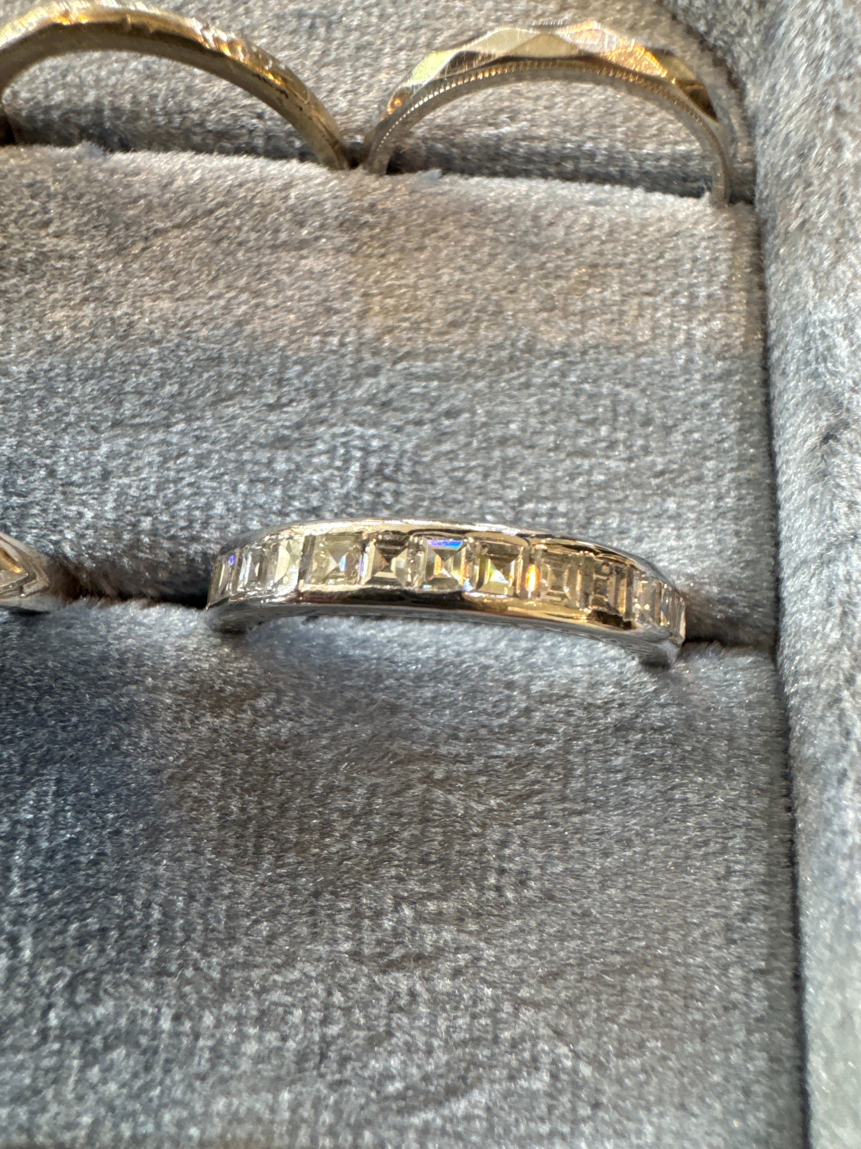 Deco step cut eternity band engraved 18k