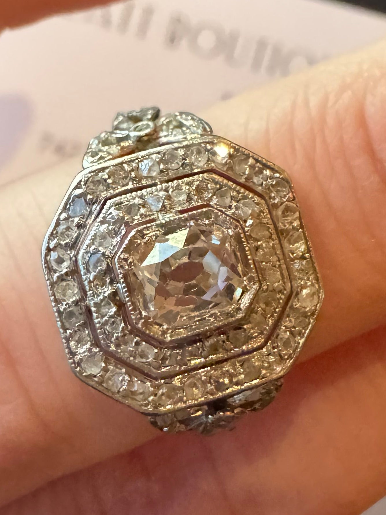 French c.1900s Belle Epoqe mine cut diamond bow ring 18k platinum