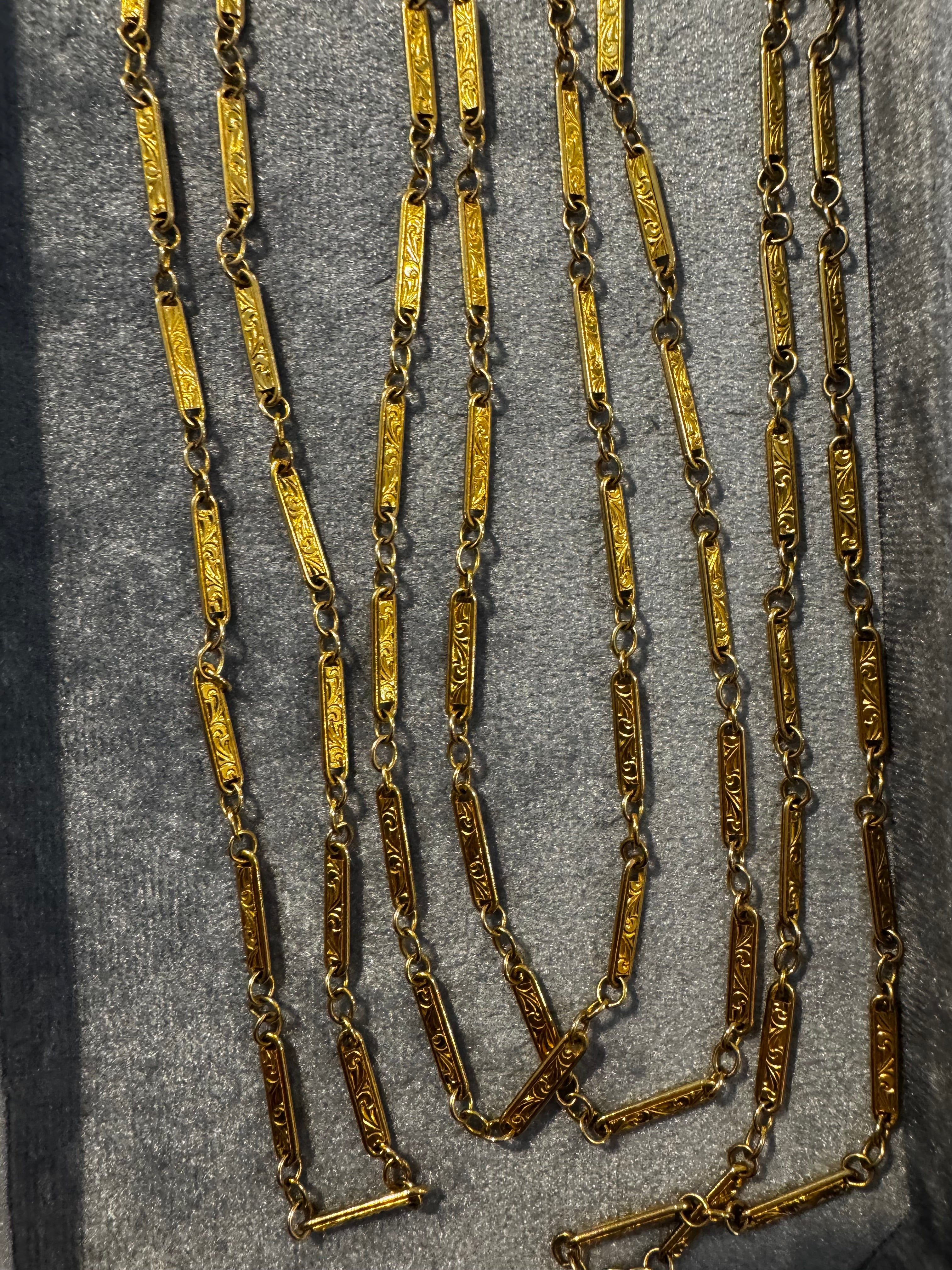 Victorian extra long hand engraved ladies watch chain c.1870 18k 23.3g