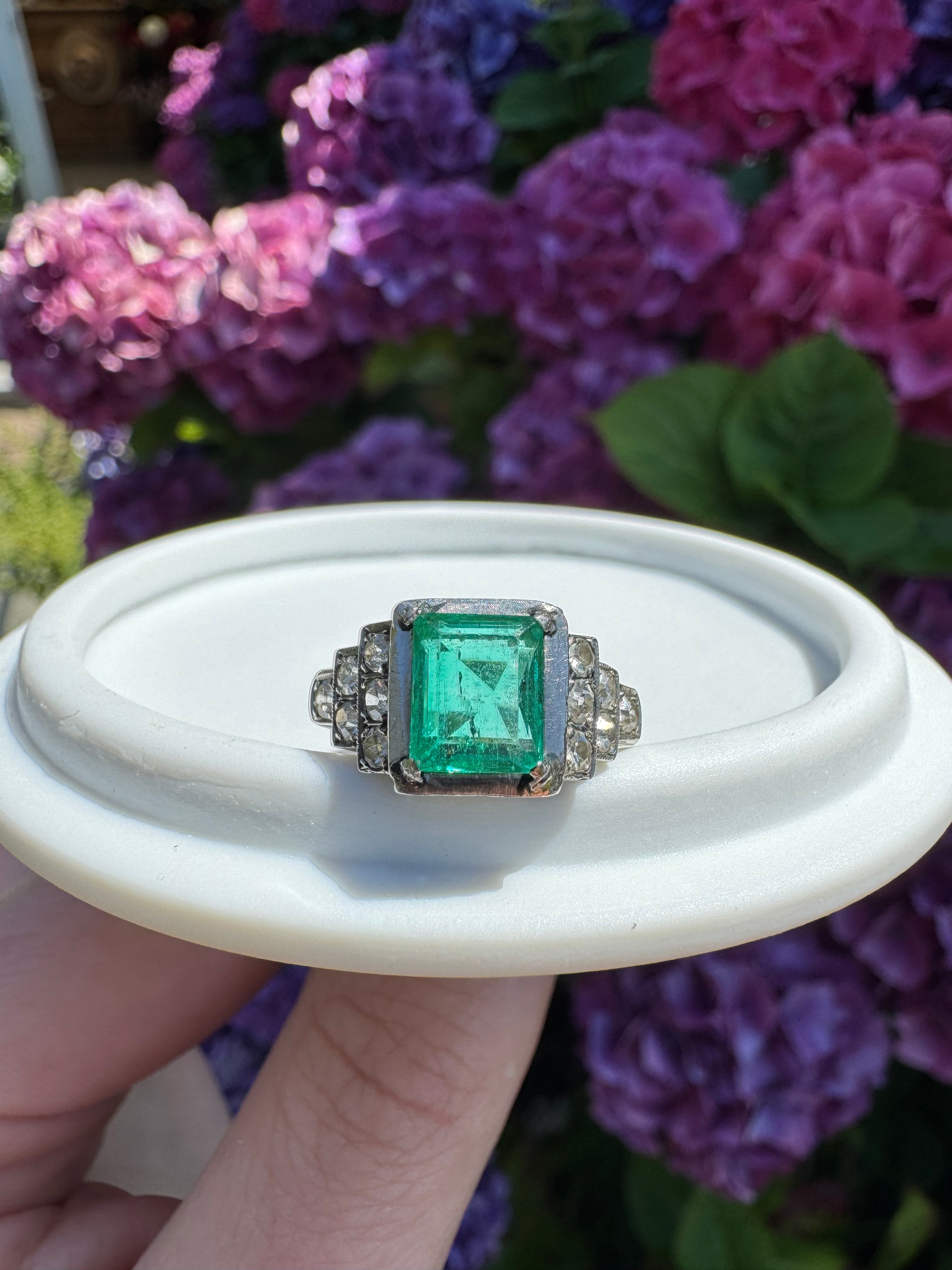 46287 emerald cut Colombian 1.5 carat emerald deco emerald ring 14k white gold