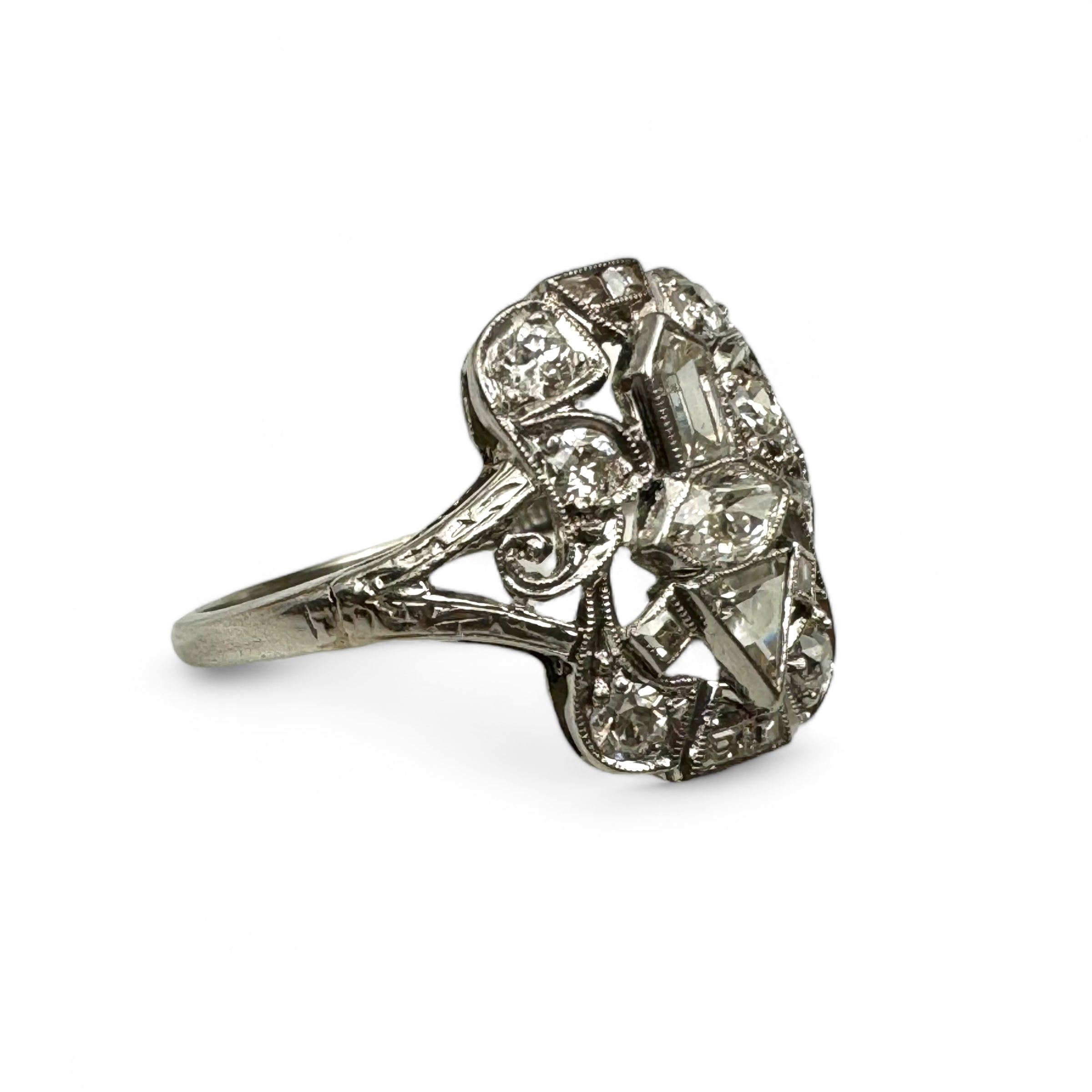Art deco mixed cut diamond platinum ring