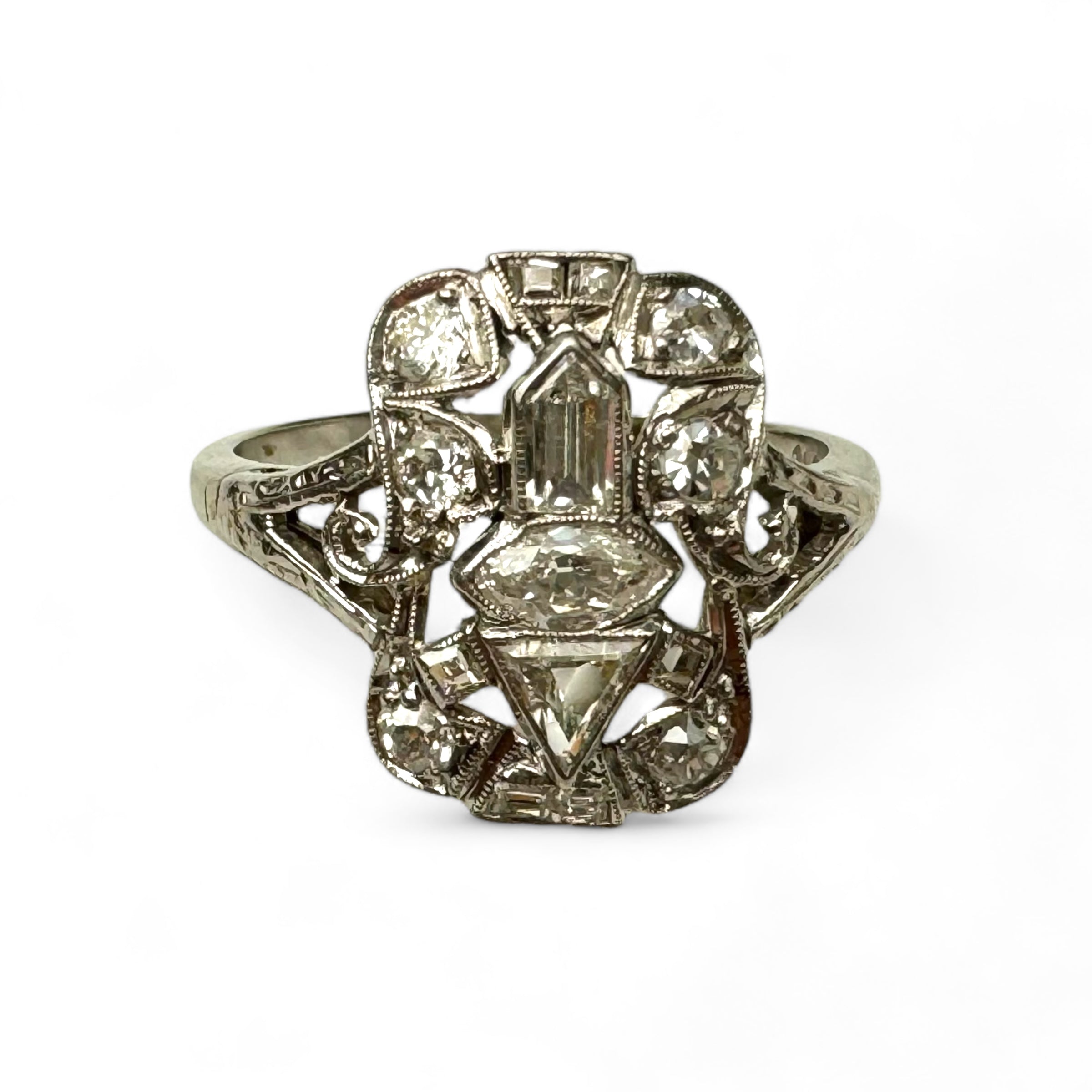 Art deco mixed cut diamond platinum ring