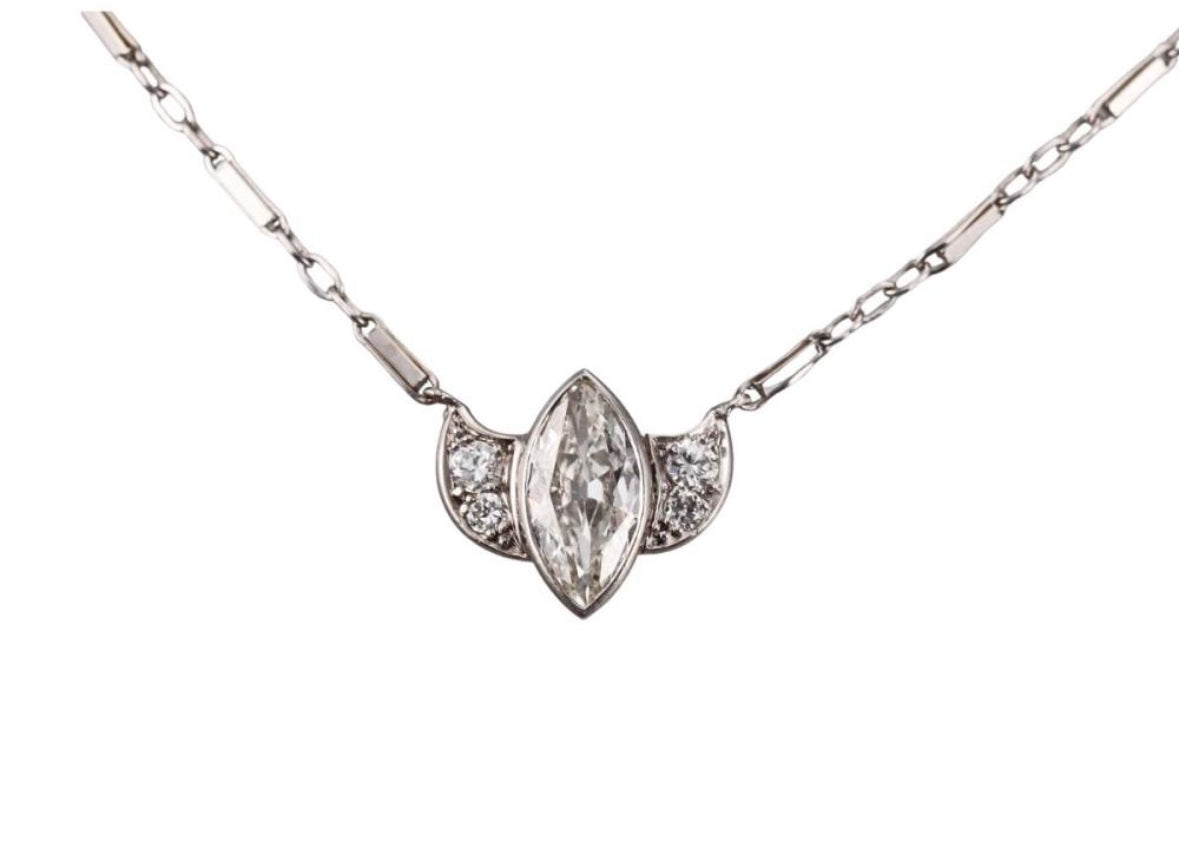 Marquise art deco diamond pendant necklace 1.2 carats 14k white gold