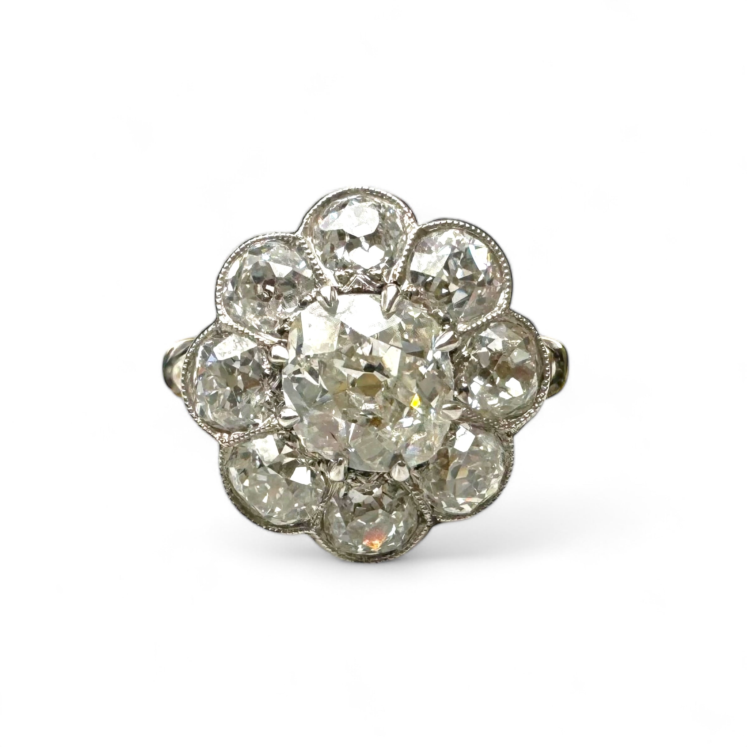 Mine Cut Diamond Floral Cluster Ring 3.70 ctw