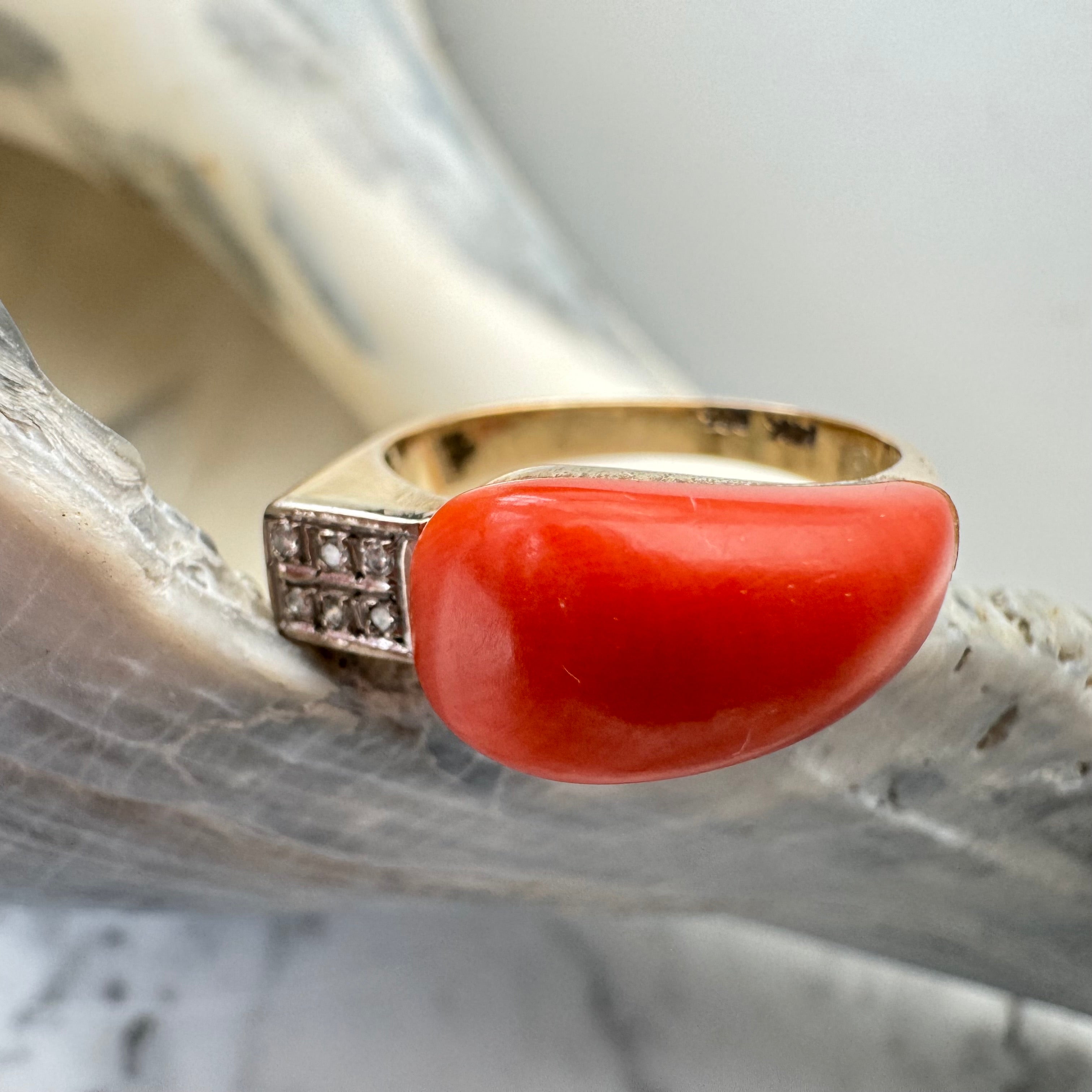 Retro 1940s Coral and Diamond Ring