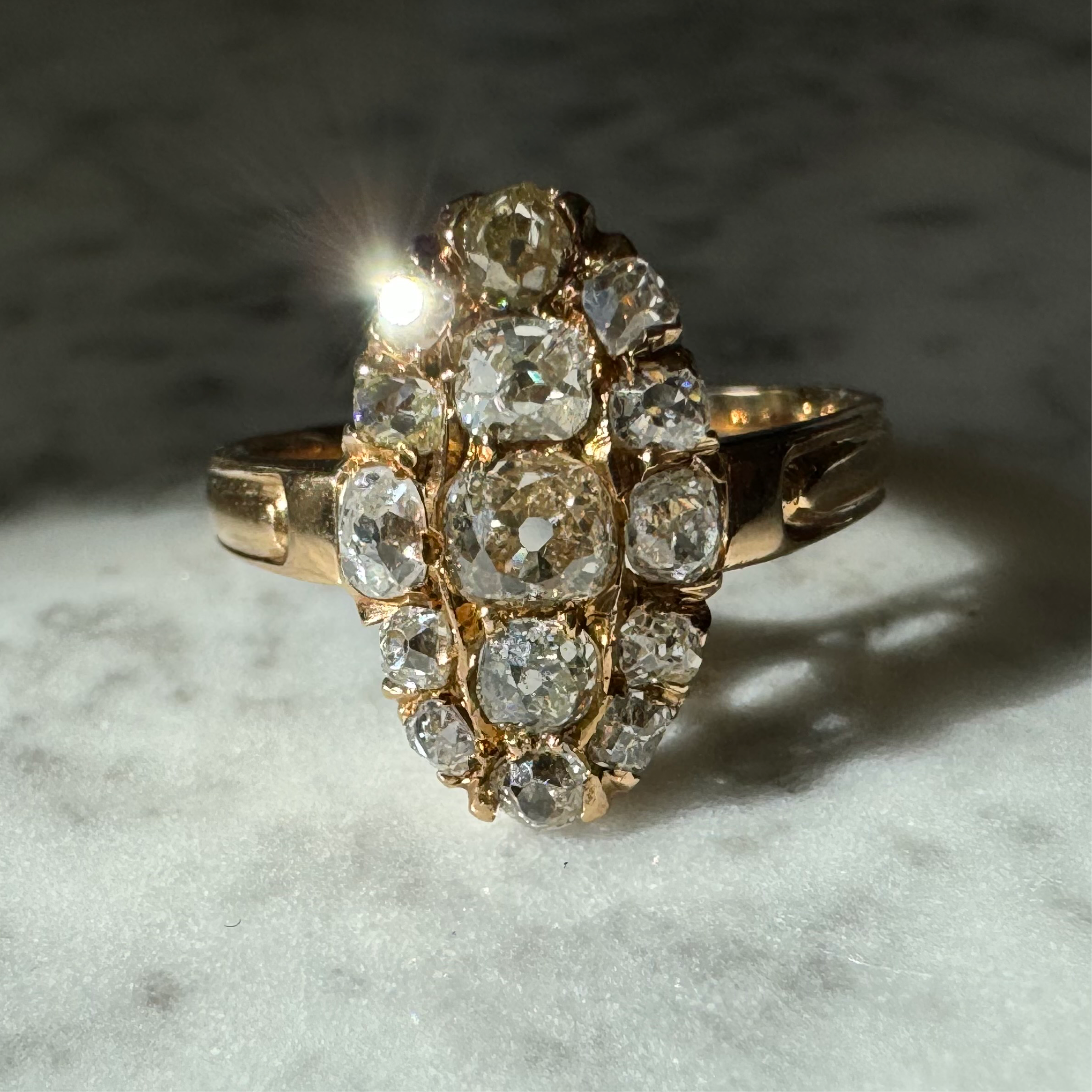 Mine cut diamond oval cluster ring c.1900