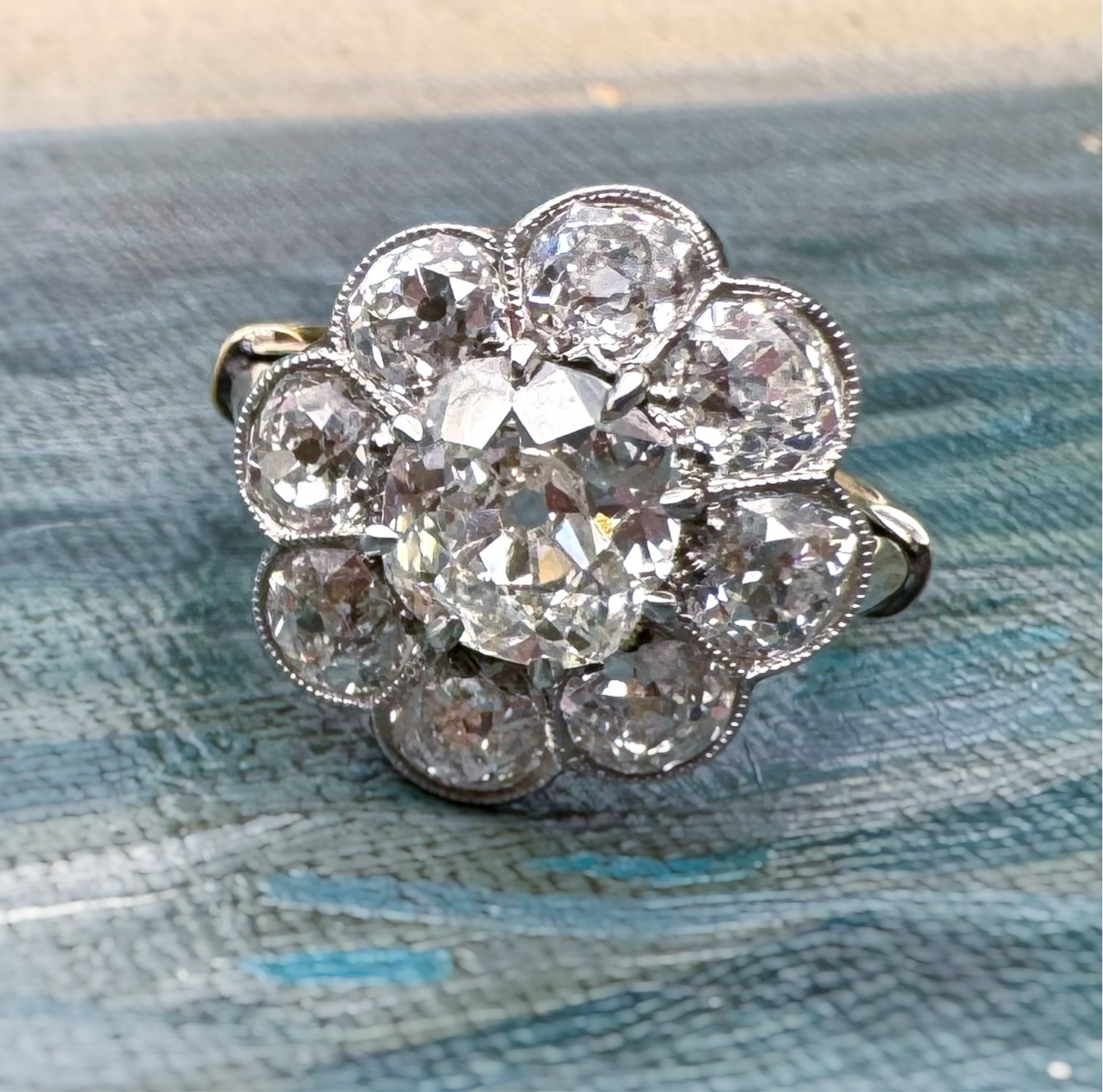 Mine Cut Diamond Floral Cluster Ring 3.70 ctw