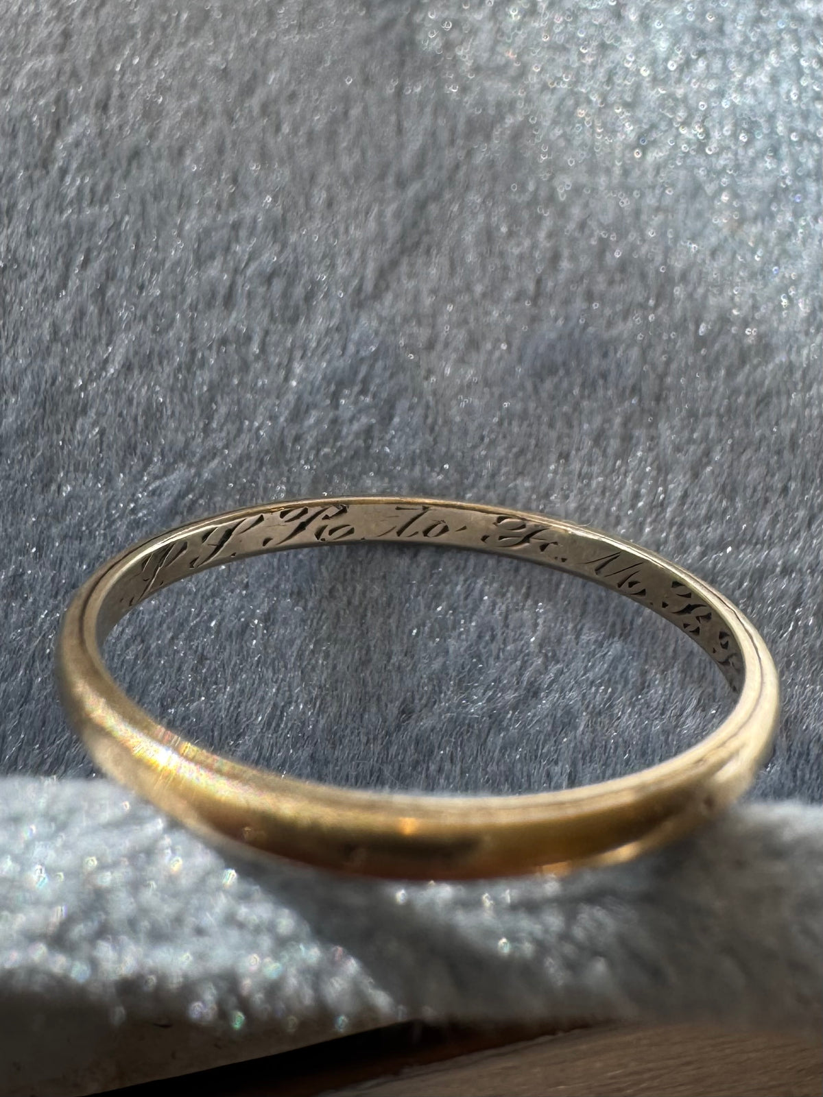 Petite gold art deco band engraved inside