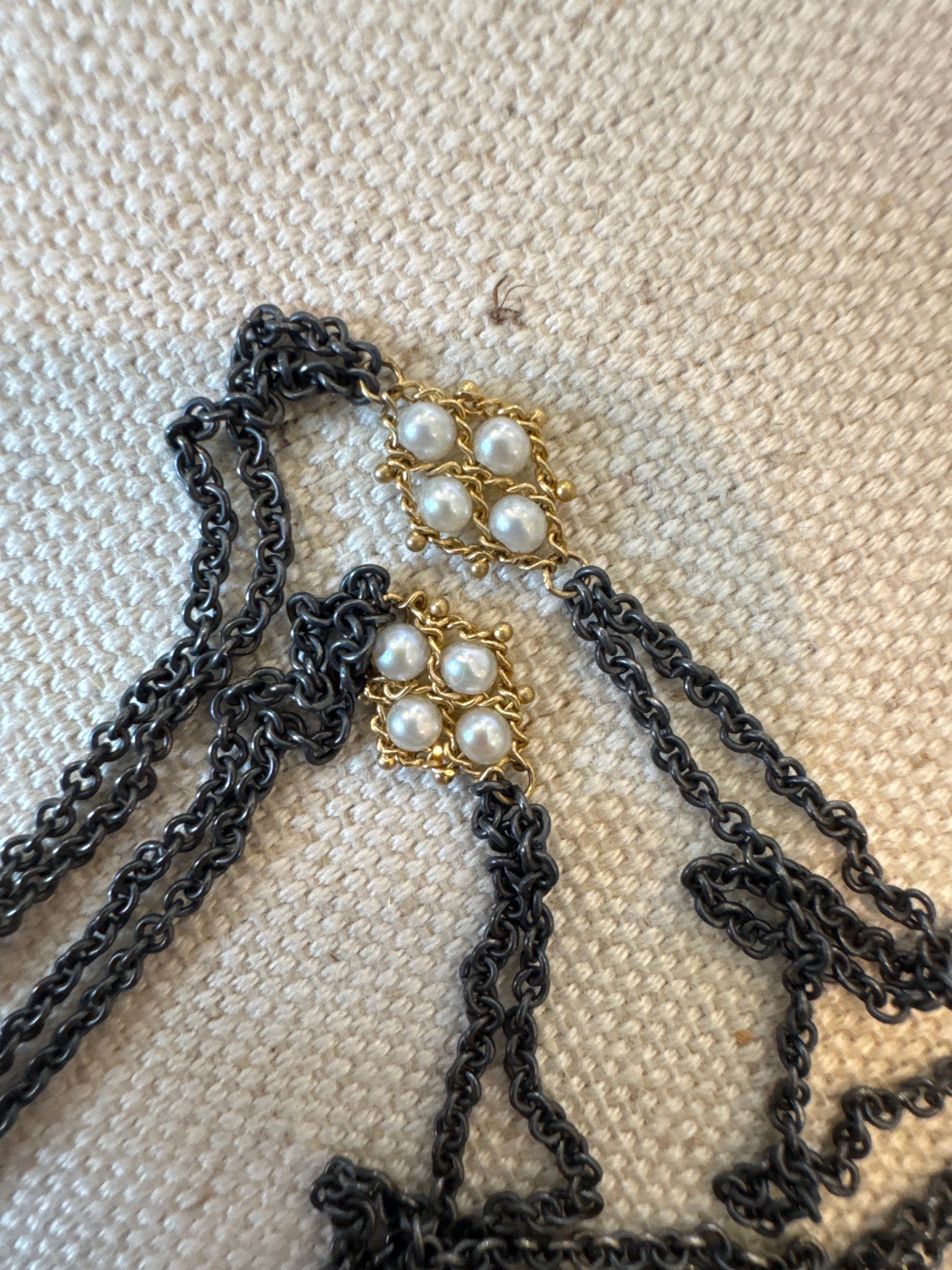 amali 46298 Textile Six Station Necklace Aprox. 2.25 cts. Fresh Water Pearl, 18k, Oxidized Sterling