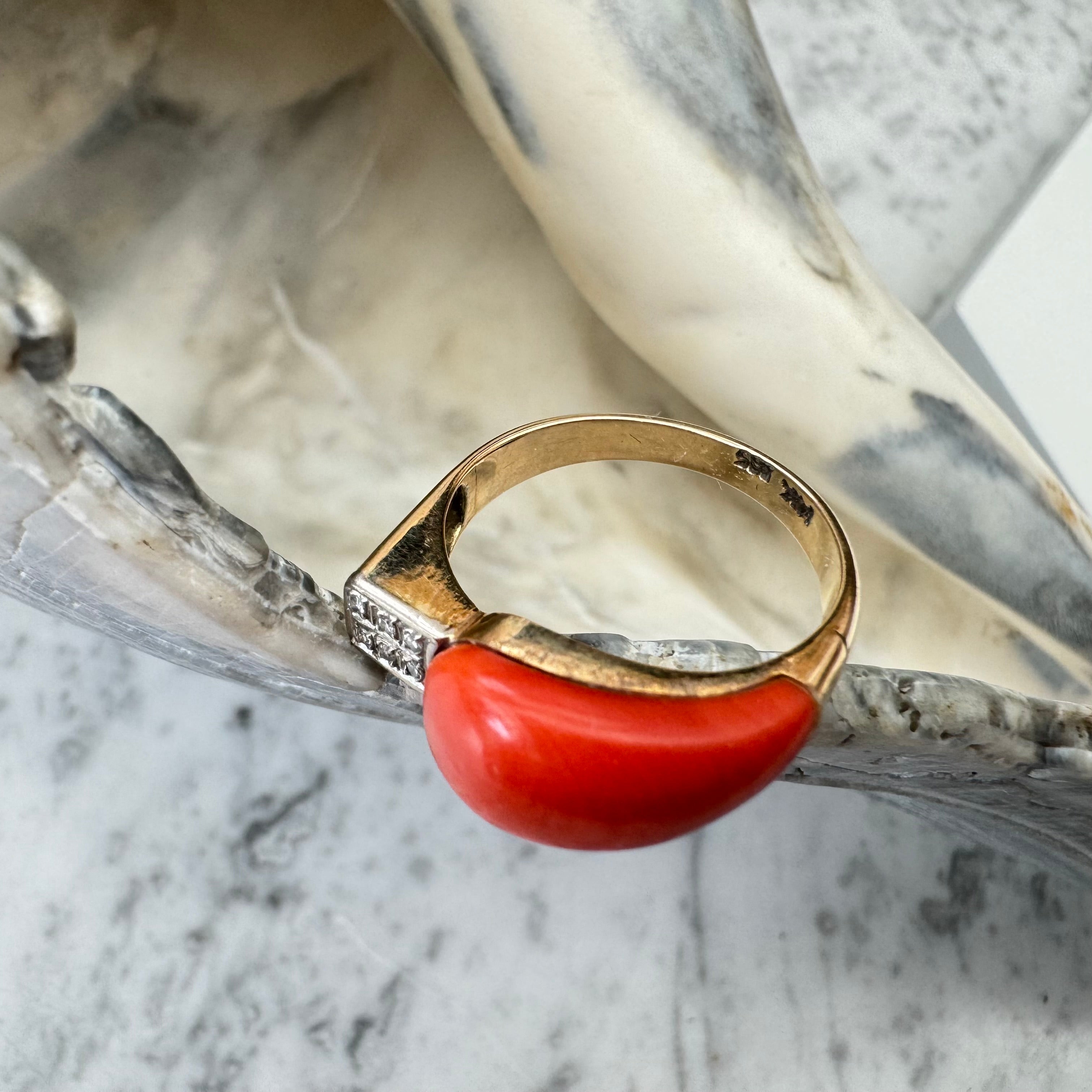 Retro 1940s Coral and Diamond Ring