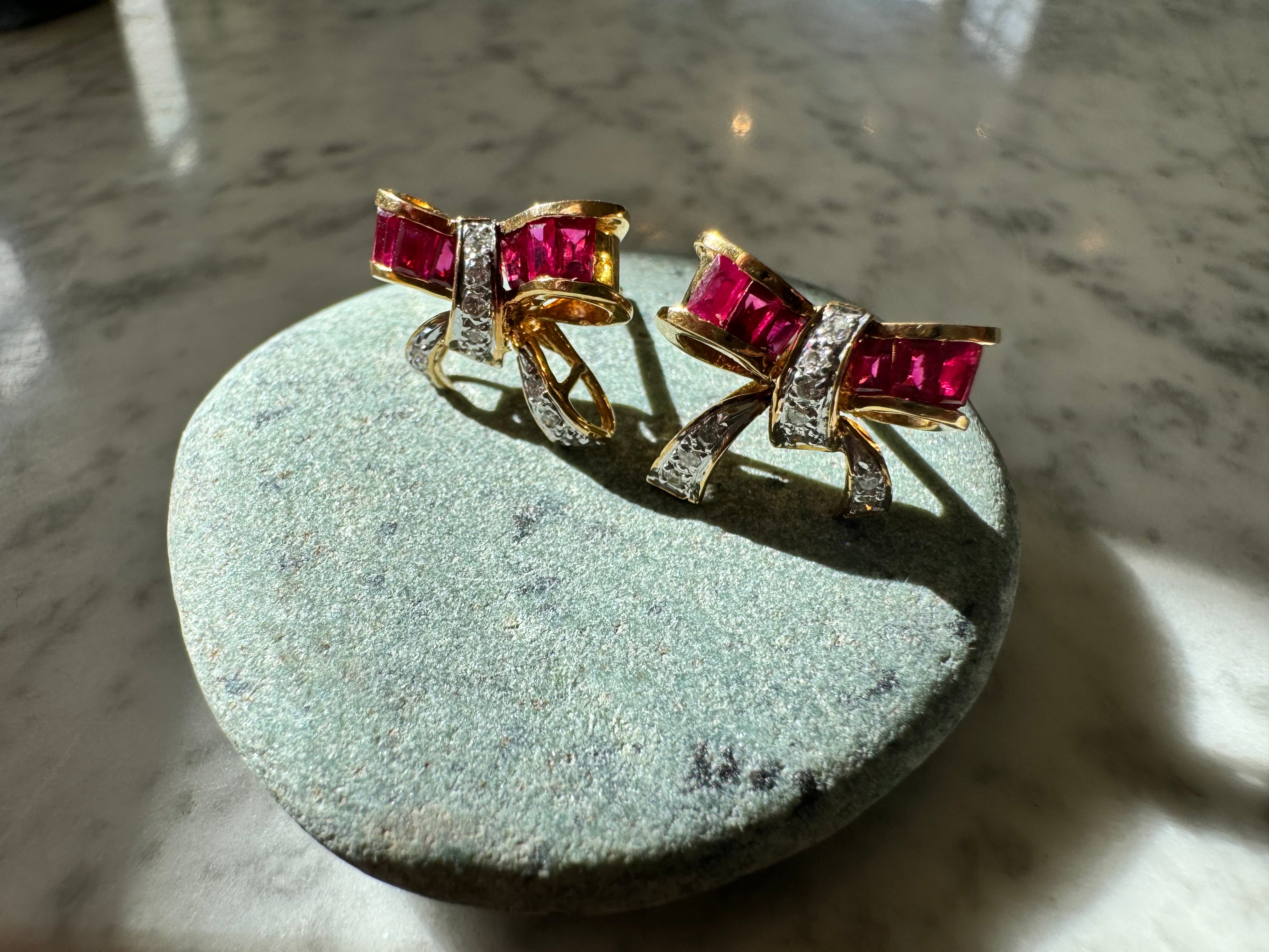 Ruby and diamond bow earrings 18k