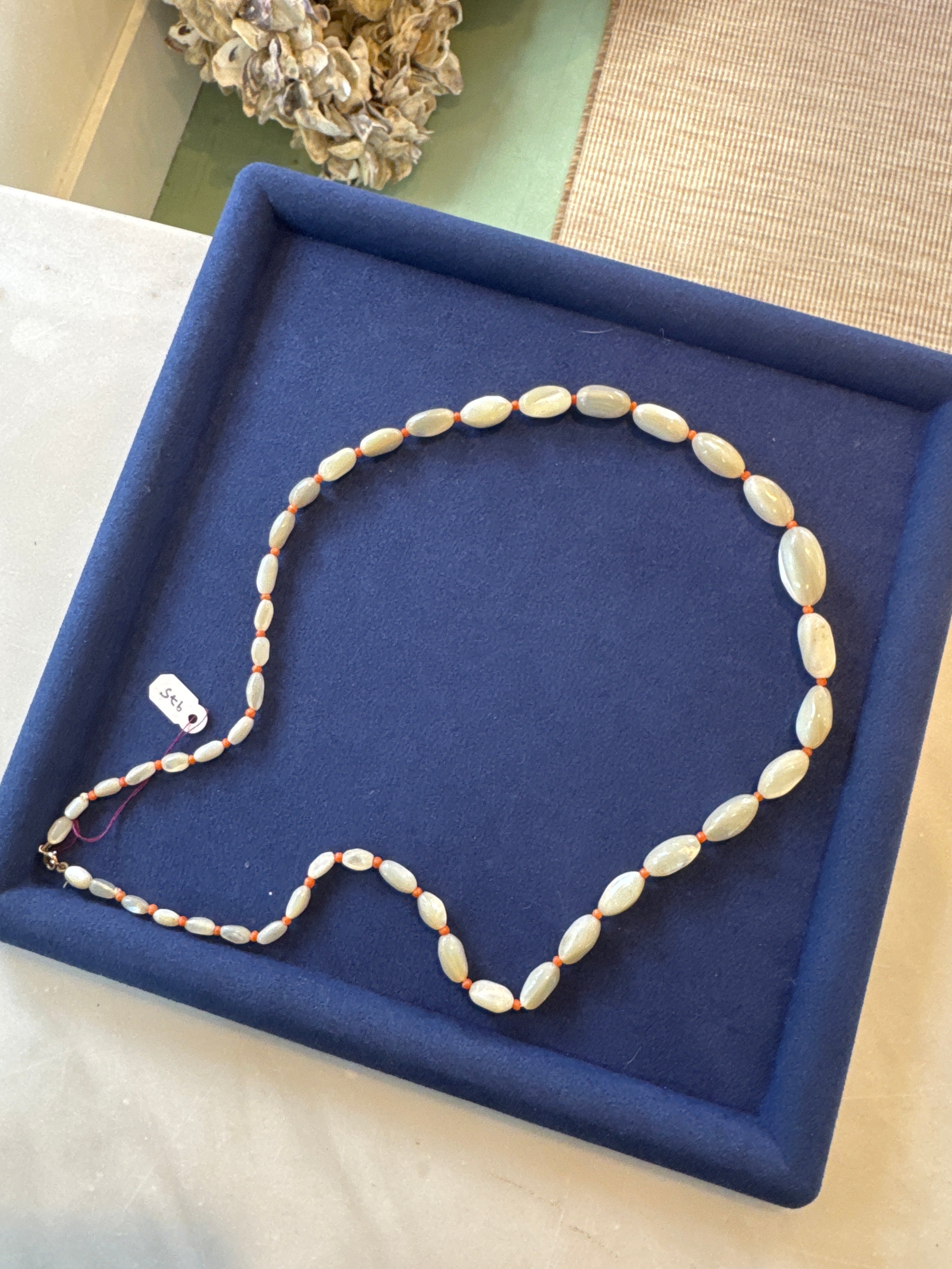 Carved mother of pearl bead necklace c1900 natural coral hand carved beads