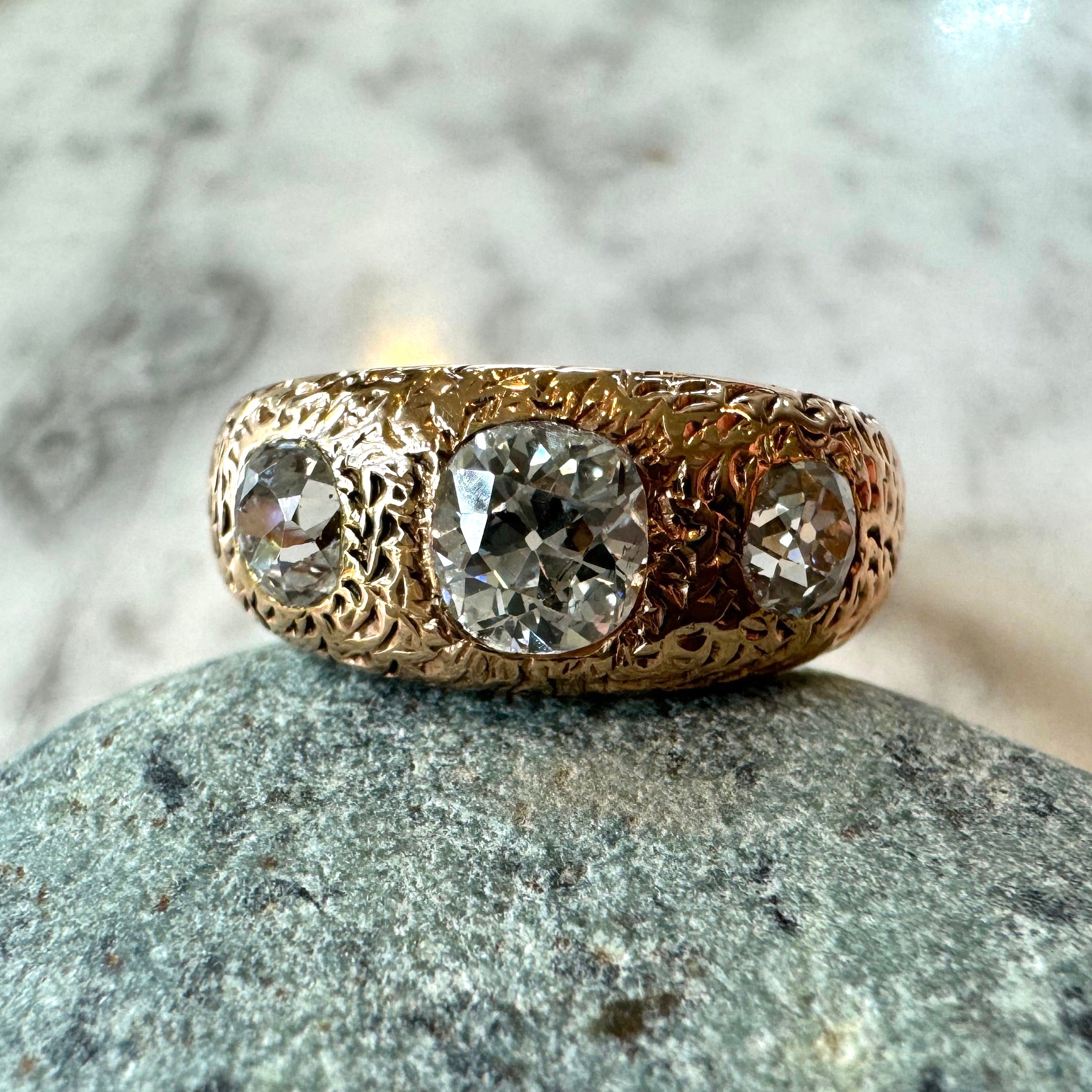 Three stone Mine Cut Diamond hand engraved rose gold ring