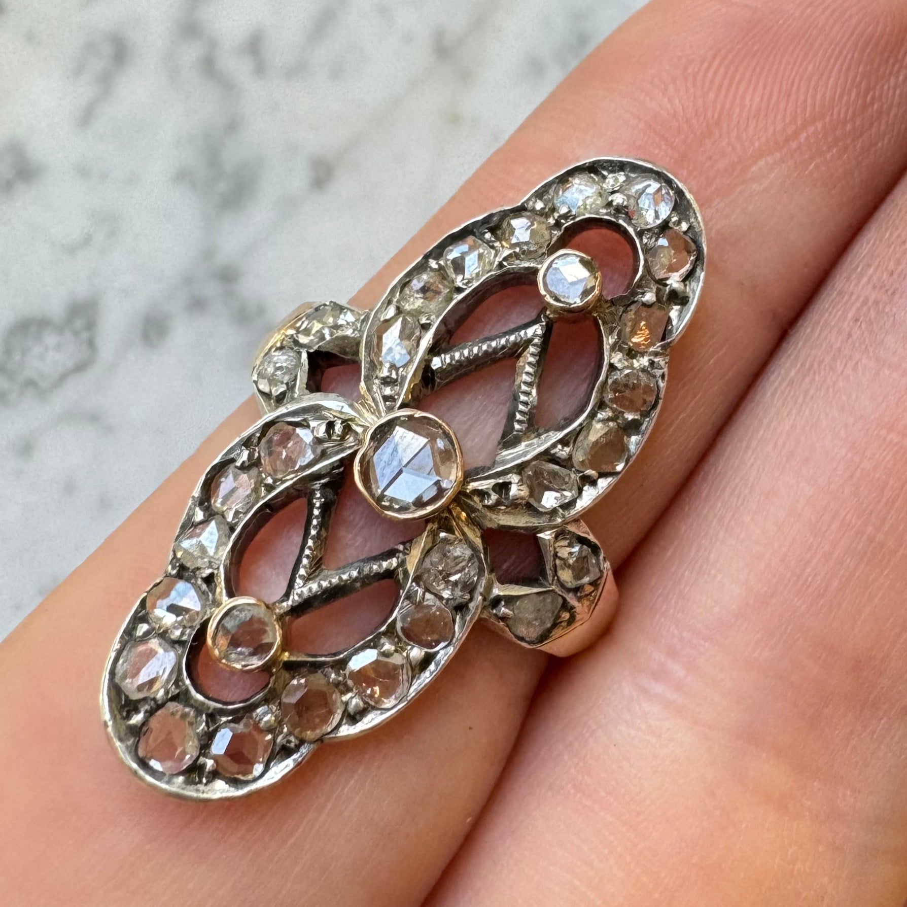 Antique Diamond Elongated Rose Gold Ring